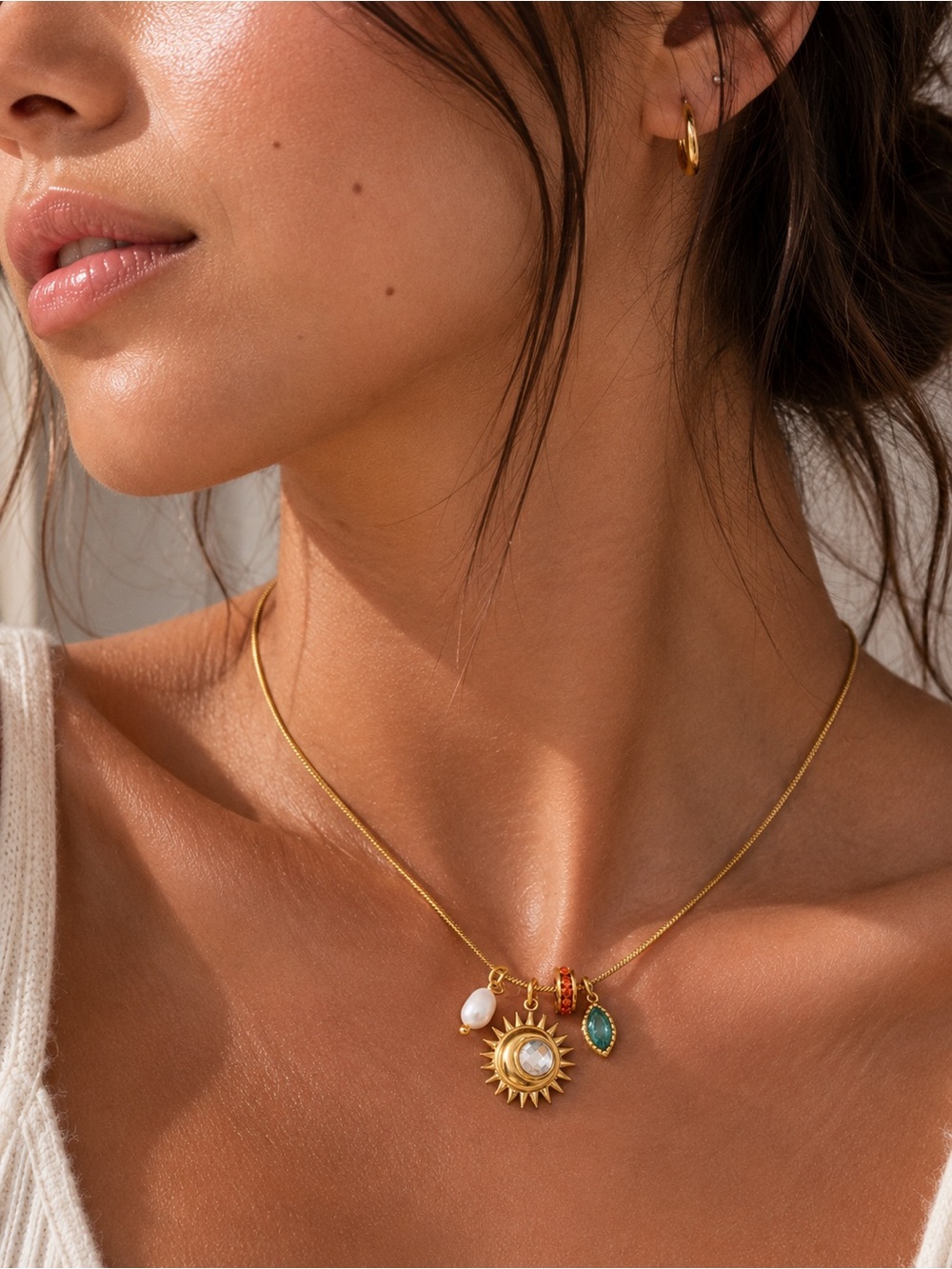 18K Gold Plated Sun Pearl and Gemstone Charm Nekclace